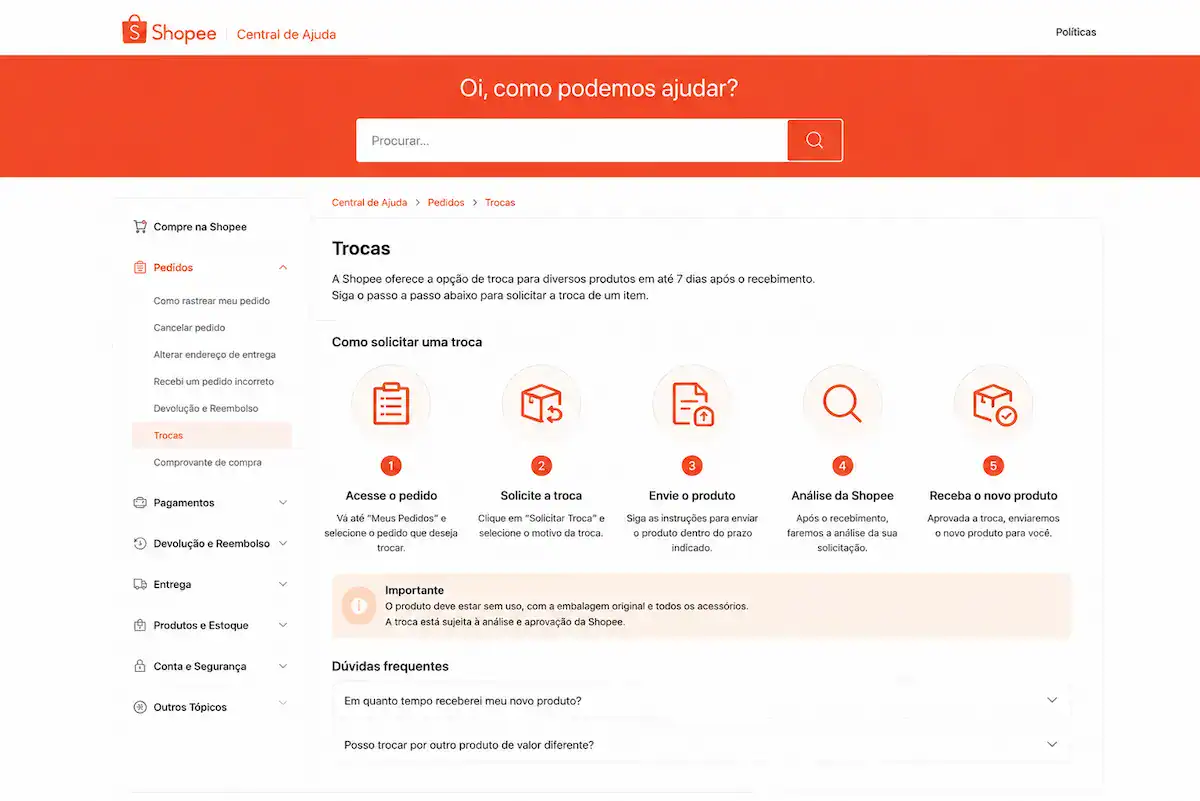 Central de ajudas da Shopee