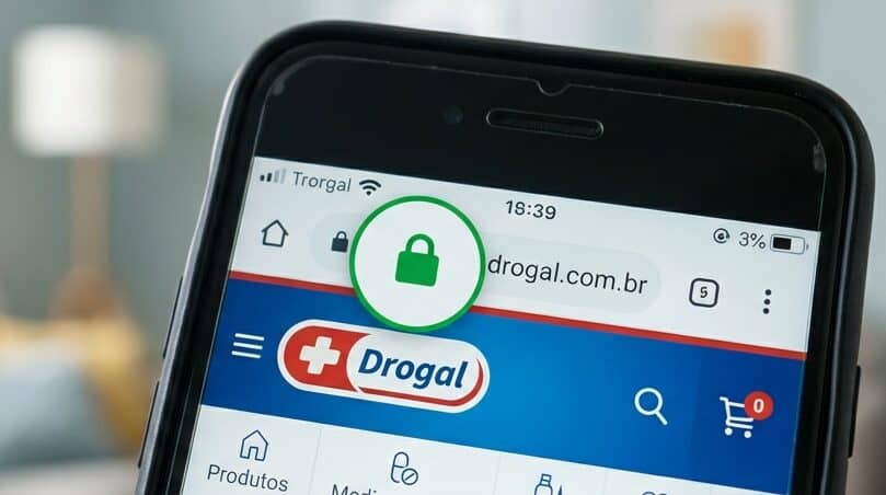 Celular mostrando cadeado do site da Drogal. 