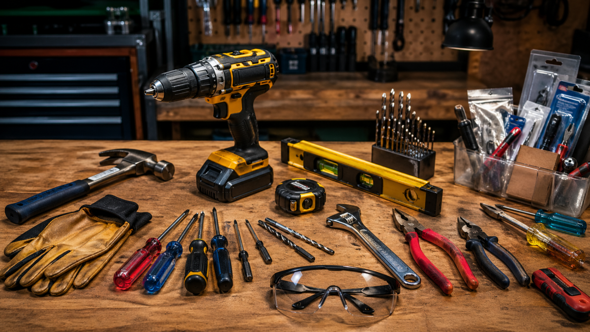 Mesa com muitas ferramentas em cima.