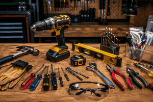 Mesa com muitas ferramentas em cima.