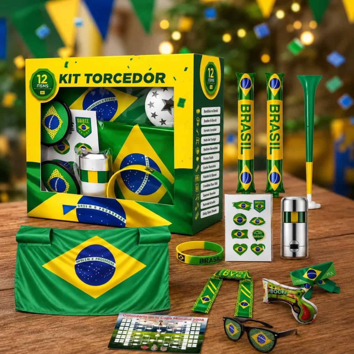 Kit torcedor Brasil Copa 2026 com bandeira, corneta e acessórios