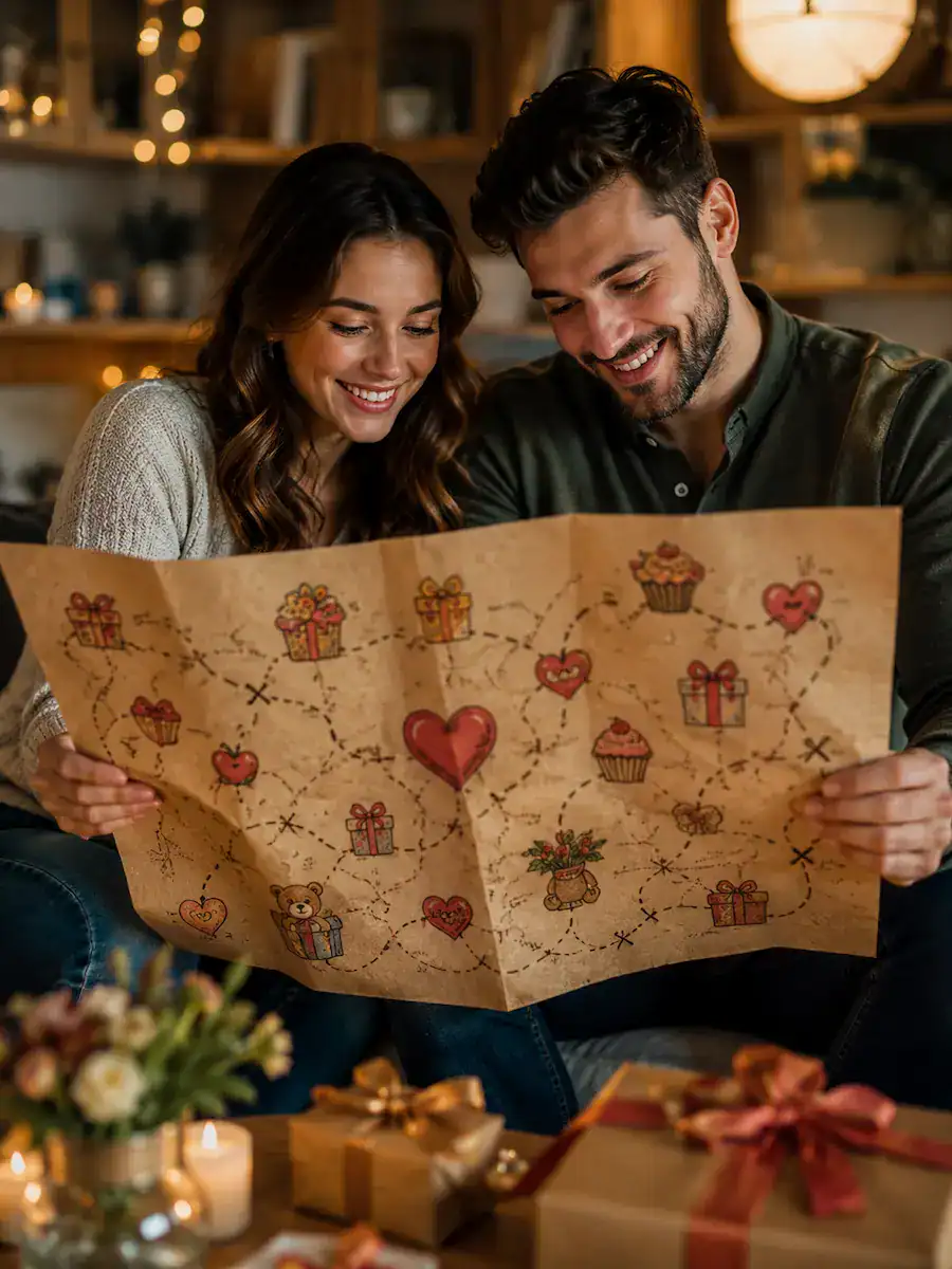 Mapa visual com presente, sorvete, bolo, ingresso de cinema e tênis representando brindes de aniversário