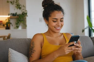 Mulher sorridente usando celular para aproveitar cupons de desconto online.