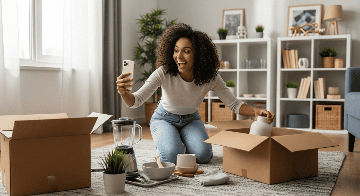 Pessoa abrindo caixas de entrega com itens de casa e usando o celular para aplicar cupom do Mercado Livre