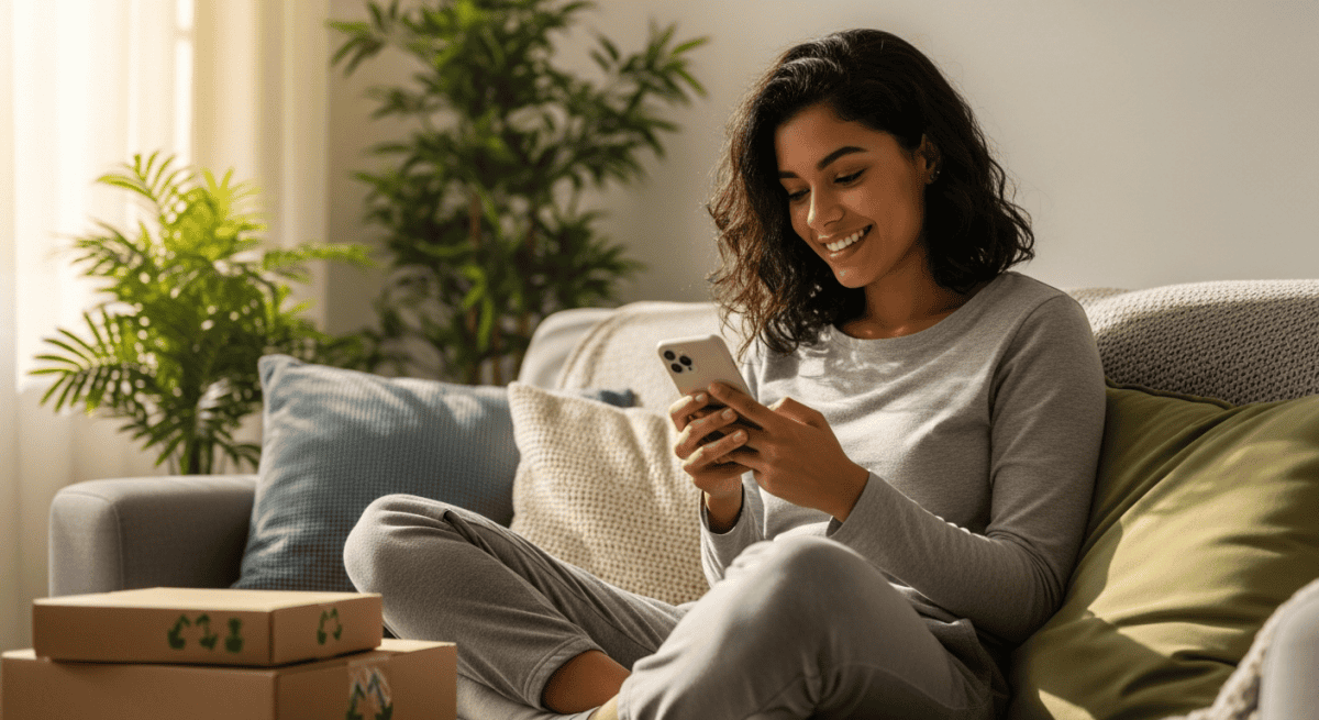 Pessoa comprando online no celular em casa e aproveitando cupons do Mercado Livre